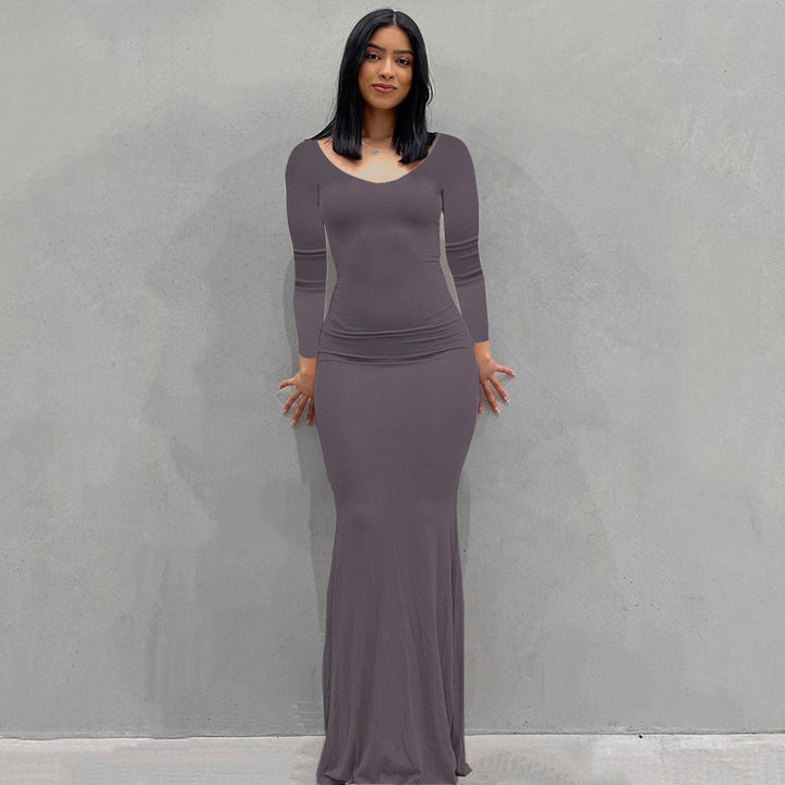 Damen Körperbetontes Maxi‑Jerseykleid mit taillierter Drapierung, langen Ärmeln und ausgestelltem Saum – Valéora