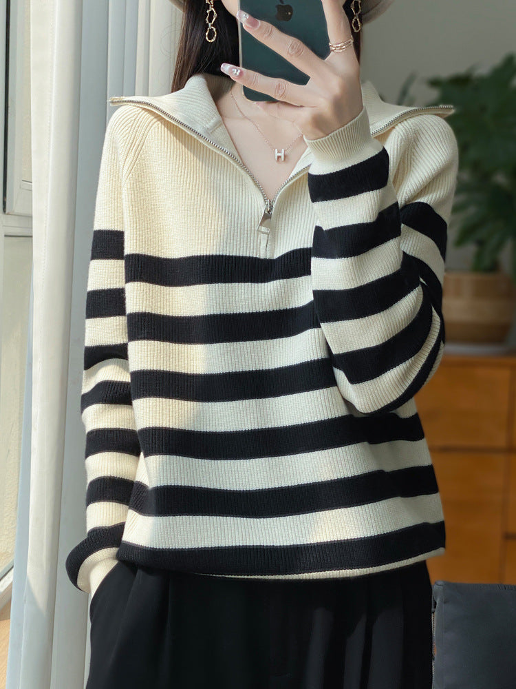 Damen Maritimer Troyer-Pullover aus feinem Rippstrick mit breiten Querstreifen Echoarchiv