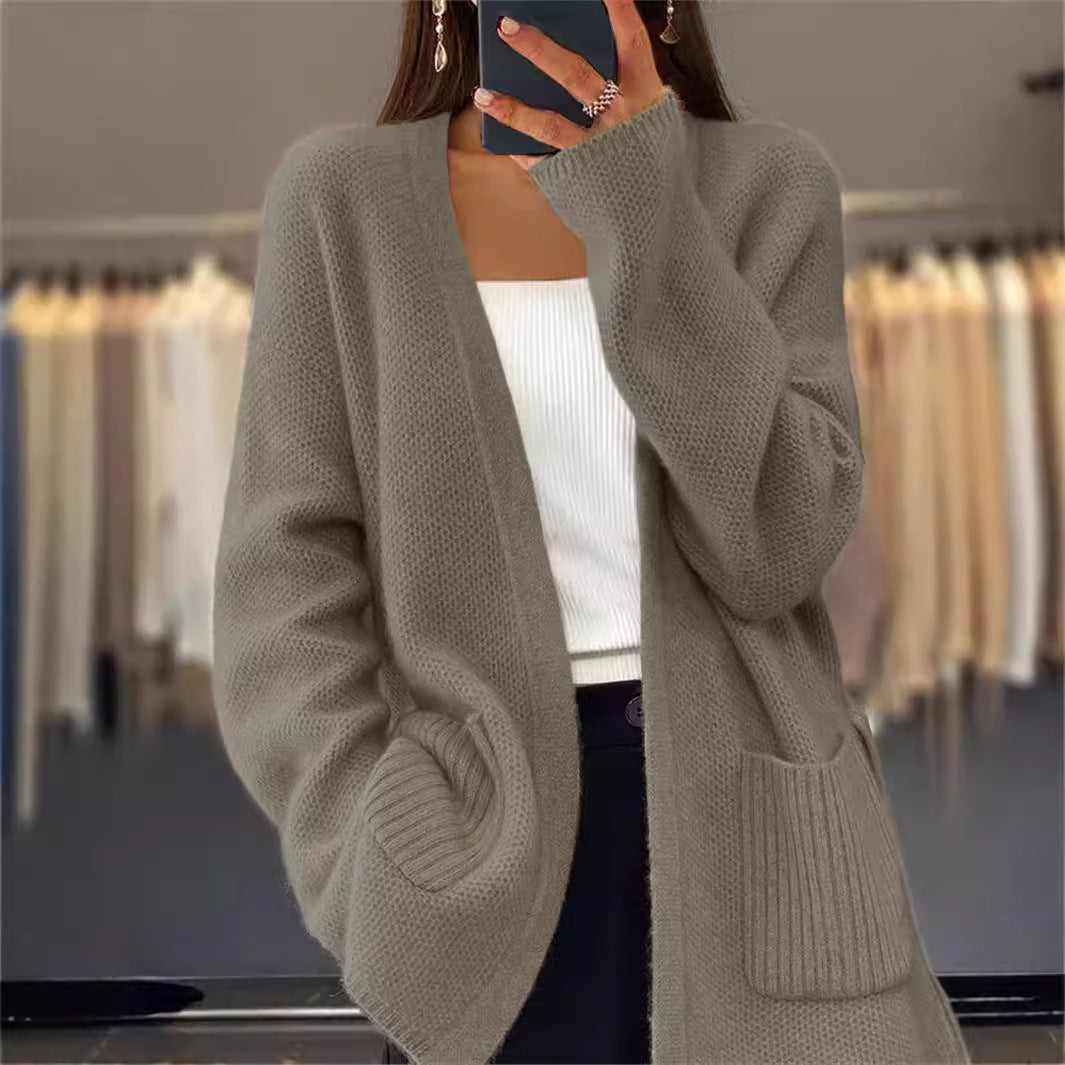 Damen nan lange Strickjacke mit Bindegürtel, aufgesetzten Rippentaschen und lockerem Waffelstrick Echo Archiv