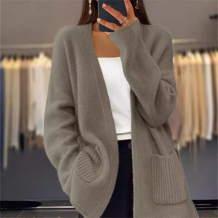 Damen nan lange Strickjacke mit Bindegürtel, aufgesetzten Rippentaschen und lockerem Waffelstrick Echo Archiv