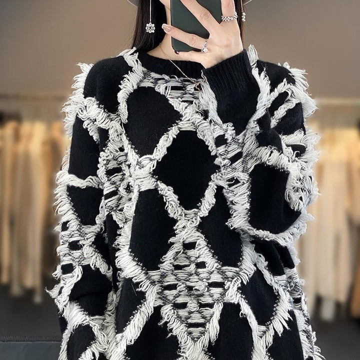 Damen Oversize-Strickpullover mit Fransen‑Diamantmuster und weicher Mohair‑Optik Echoarchiv