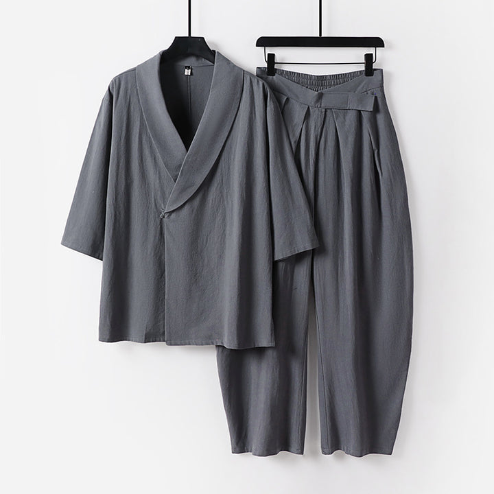 Damen Zweiteiliges Kimono-Loungewear-Set mit Schalkragen Kurzarm-Oberteil und hochtaillierter Plissee-Hose Echoarchiv