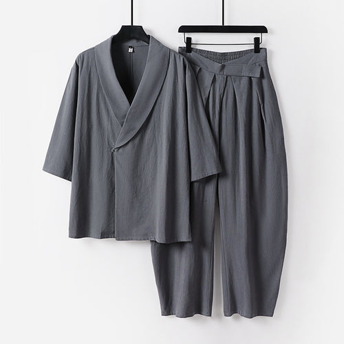 Damen Zweiteiliges Kimono-Loungewear-Set mit Schalkragen Kurzarm-Oberteil und hochtaillierter Plissee-Hose Echoarchiv