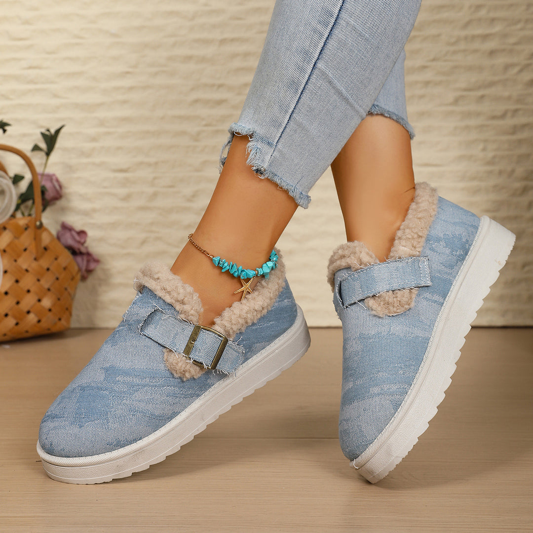 Damen Gefütterte Denim-Slip-On Hausschuhe mit Teddyfutter und verstellbarem Schnallenriemen Echo Archiv