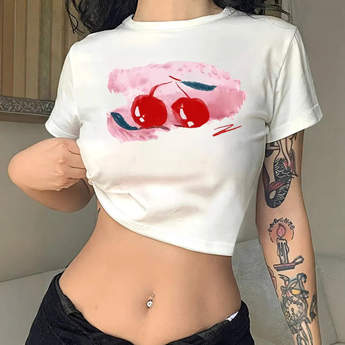 Damen Crop-T-Shirt mit fröhlichem Kirschmotiv und kurzem Schnitt Echo Archiv