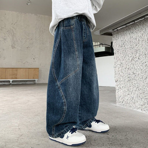 Damen weite Denim-Hose mit elastischem Bund und modischen Kontrastnähten Echo Archiv