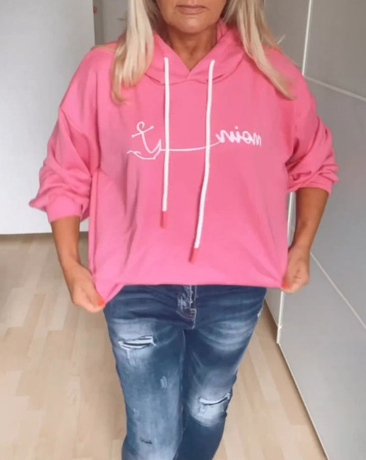 Damen nan lässiger Kapuzenpullover mit minimalistischer Liniengrafik, Kordelzug und geripptem Saum Echo Archiv