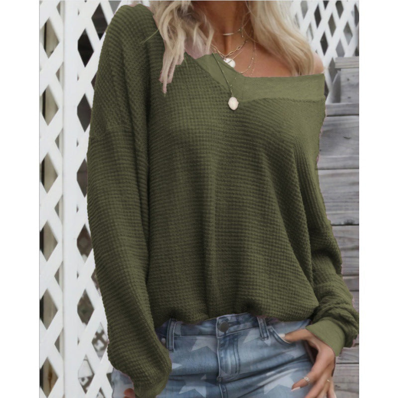 Damen Lockerer Waffelstrick-Pullover mit weitem Off-Shoulder-Ausschnitt und Oversize-Schnitt – Mavelle