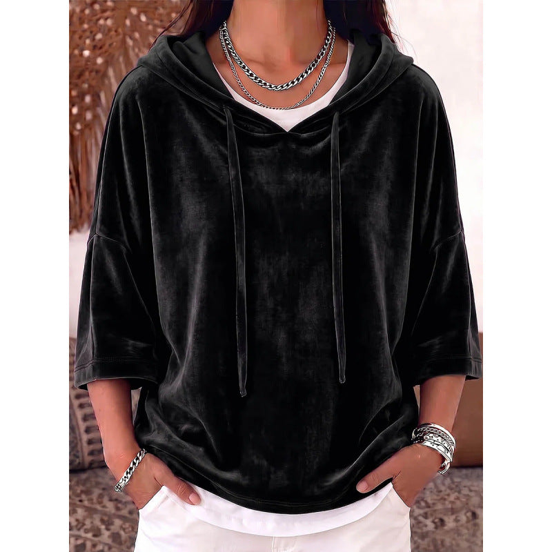 Damen Oversize Samt-Halbarm-Hoodie mit Kordelzug und Taschen Echoarchiv