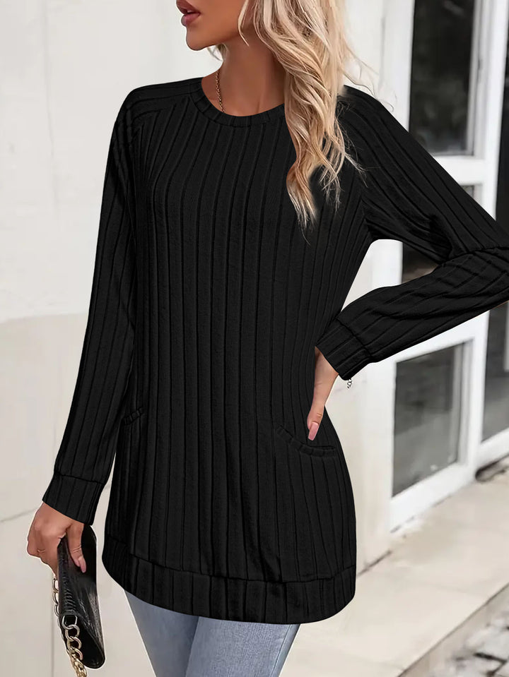 Damen Gerippter Longpullover-Tunika mit Rundhals, Seitentaschen und legerer Passform Echoarchiv