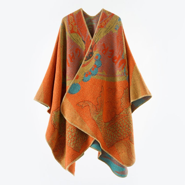 Damen Jacquard-Strick Cape mit Koi-Motiv und weitem Oversize-Fall Echo Archiv