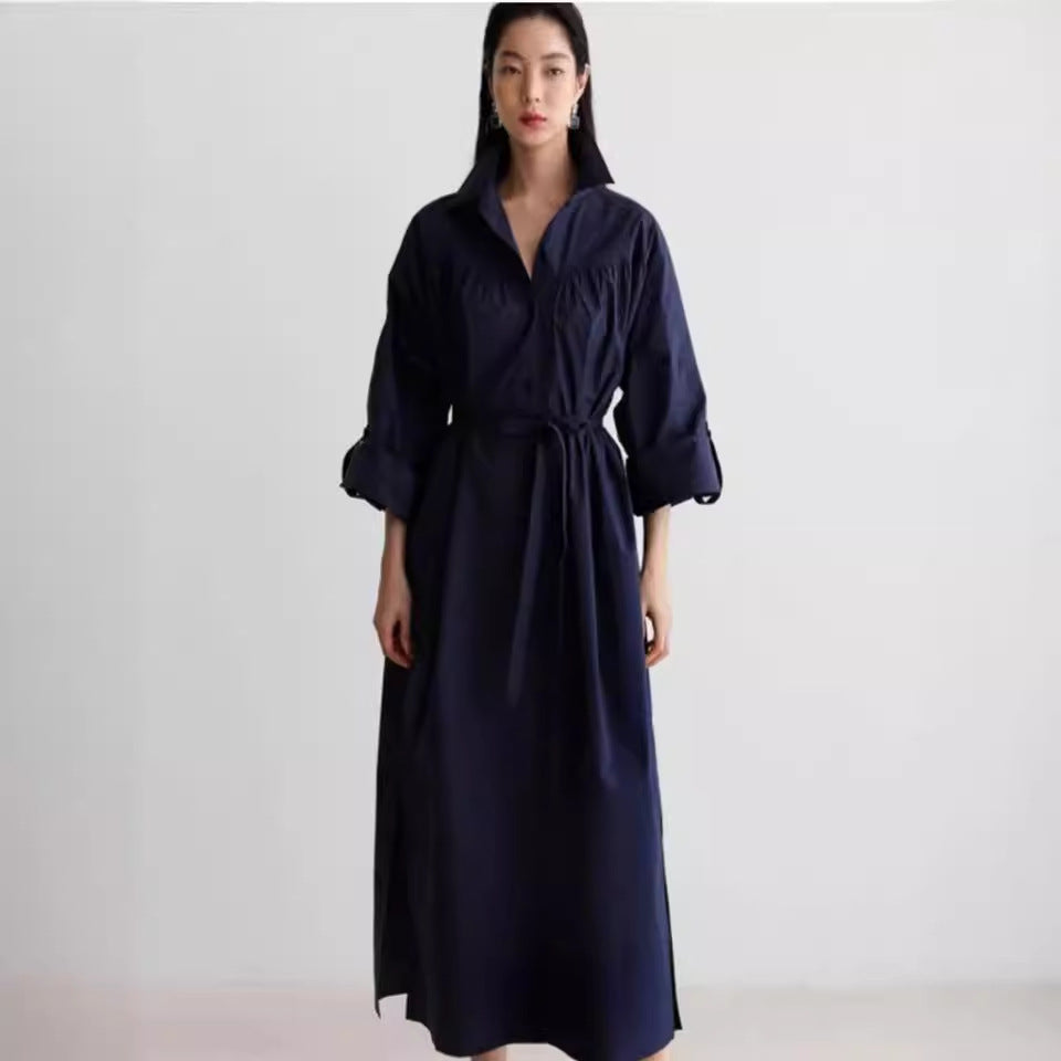 Damen Langärmliges Hemdblusen‑Maxikleid mit strukturierter Schulterpasse und Bindegürtel Echoarchiv