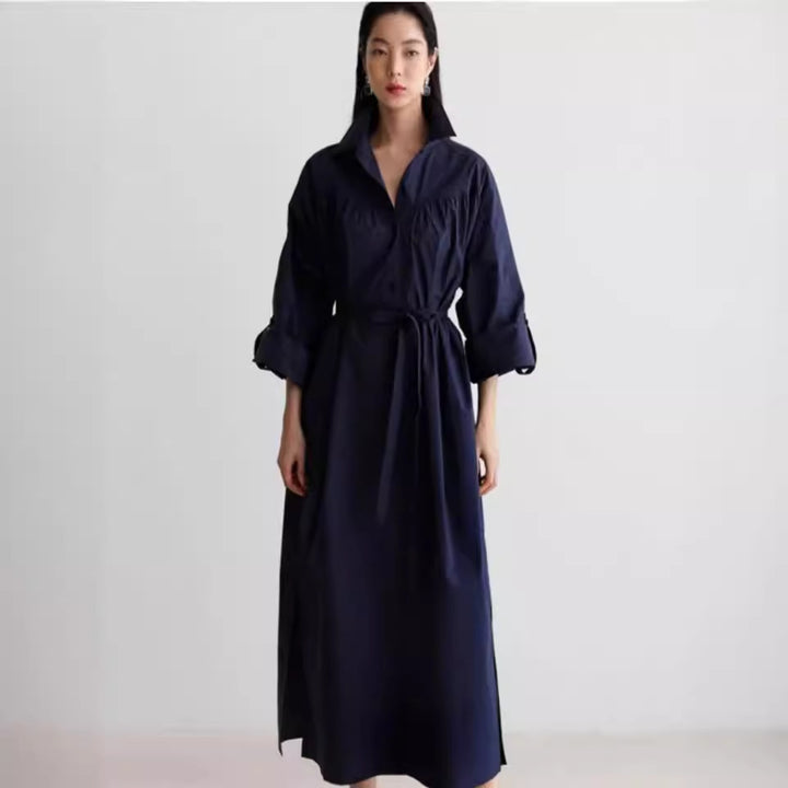 Damen Langärmliges Hemdblusen‑Maxikleid mit strukturierter Schulterpasse und Bindegürtel Echoarchiv