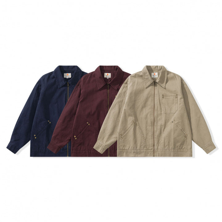 Unisex Kastenförmige Canvas-Worker-Jacke mit Frontreißverschluss und Nietapplikationen Echo Archiv