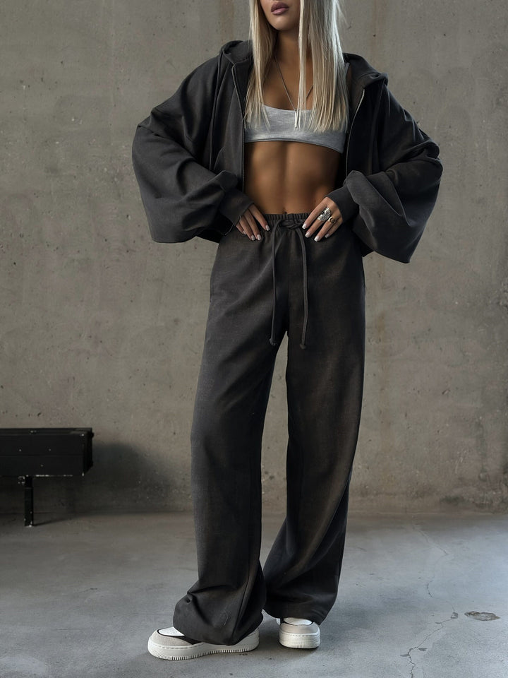 Damen kurzes Kapuzenzipper-Lounge-Set mit oversized Ärmeln und weitem Jogginghose-Schnitt – Auréline