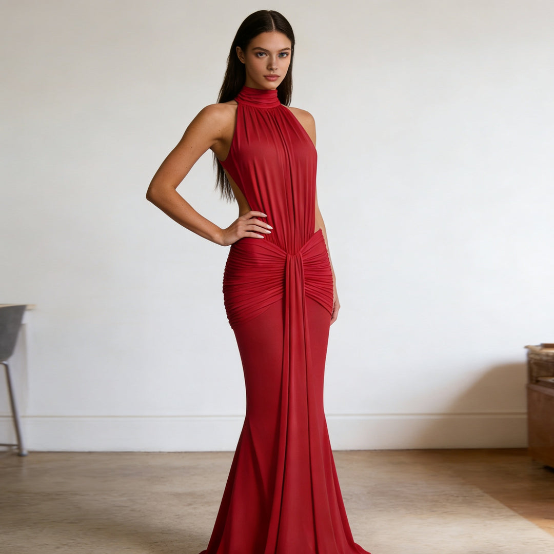 Damen Elegantes Drapiertes Abendkleid mit tiefem Rückenausschnitt und figurbetontem Schnitt Echo Archiv
