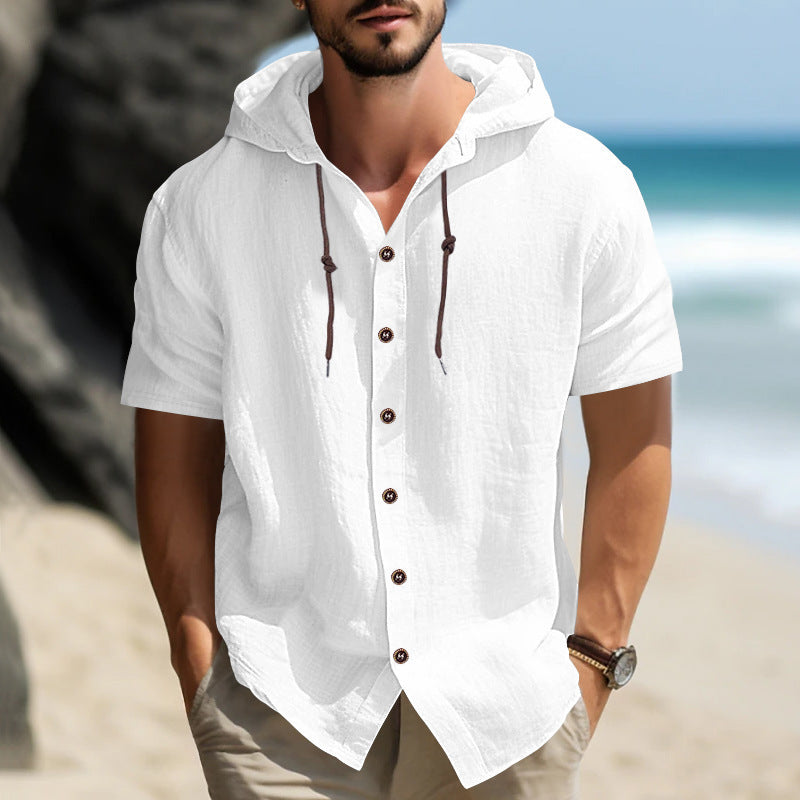 Herren lässiges Kapuzenshirt mit kurzen Ärmeln und Knopfleiste Echoarchiv