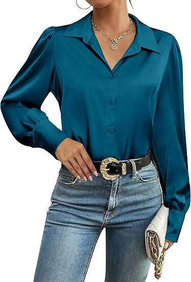 Damen Seidenoptik-Bluse mit Hemdkragen, verdeckter Knopfleiste und langen Manschetten – Élovi