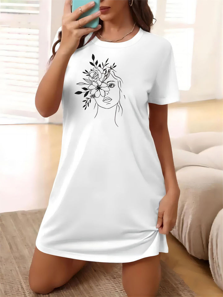 Damen T-Shirt-Kleid mit künstlerischem Blumenmotiv und figurbetontem Schnitt Echo Archiv