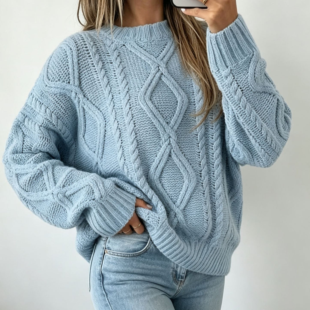 Damen Oversize Flechtstrick-Pullover mit Zopfmuster und Rundhals – Mavelle