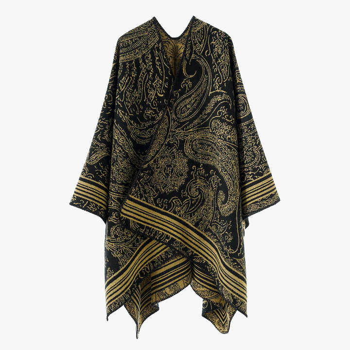 Damen Jacquard-Poncho im Ruana-Schnitt mit Paisley-Muster und breiter Bordüre – Avérine