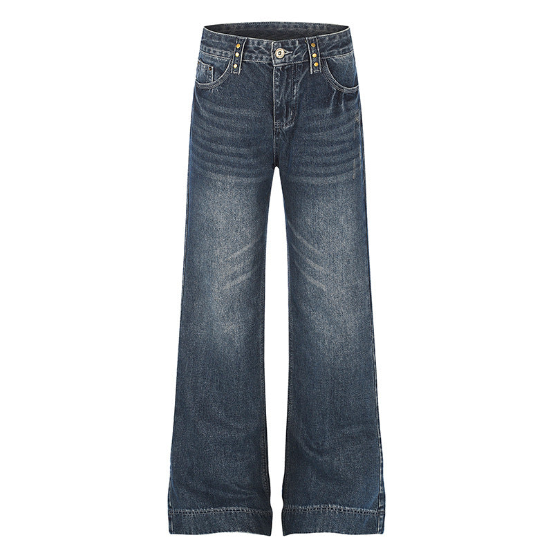Damen Weite High‑Waist Denim Palazzo-Jeans mit weitem Bein und Vintage-Waschung Echoarchiv