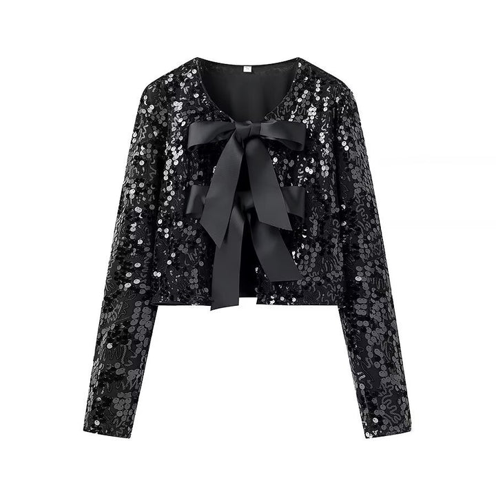 Damen glitzernde Cropped-Bolerojacke mit Paillettenbesatz und dekorativen Satinschleifen – Célinea