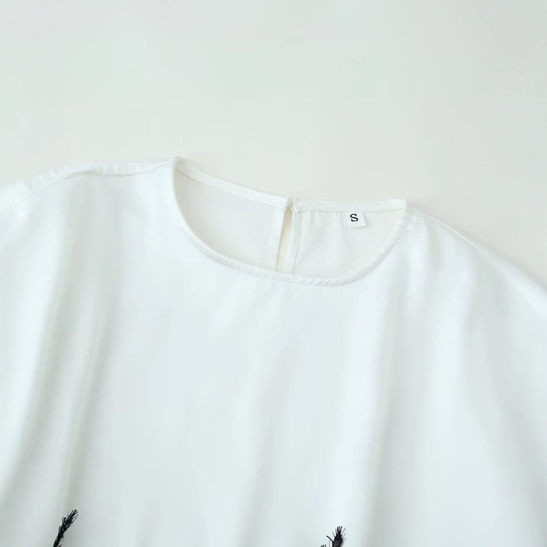 Damen Bluse mit dekorativer Spitzenborte, weitem Kimonoärmel und Rundhalsausschnitt Echo Archiv