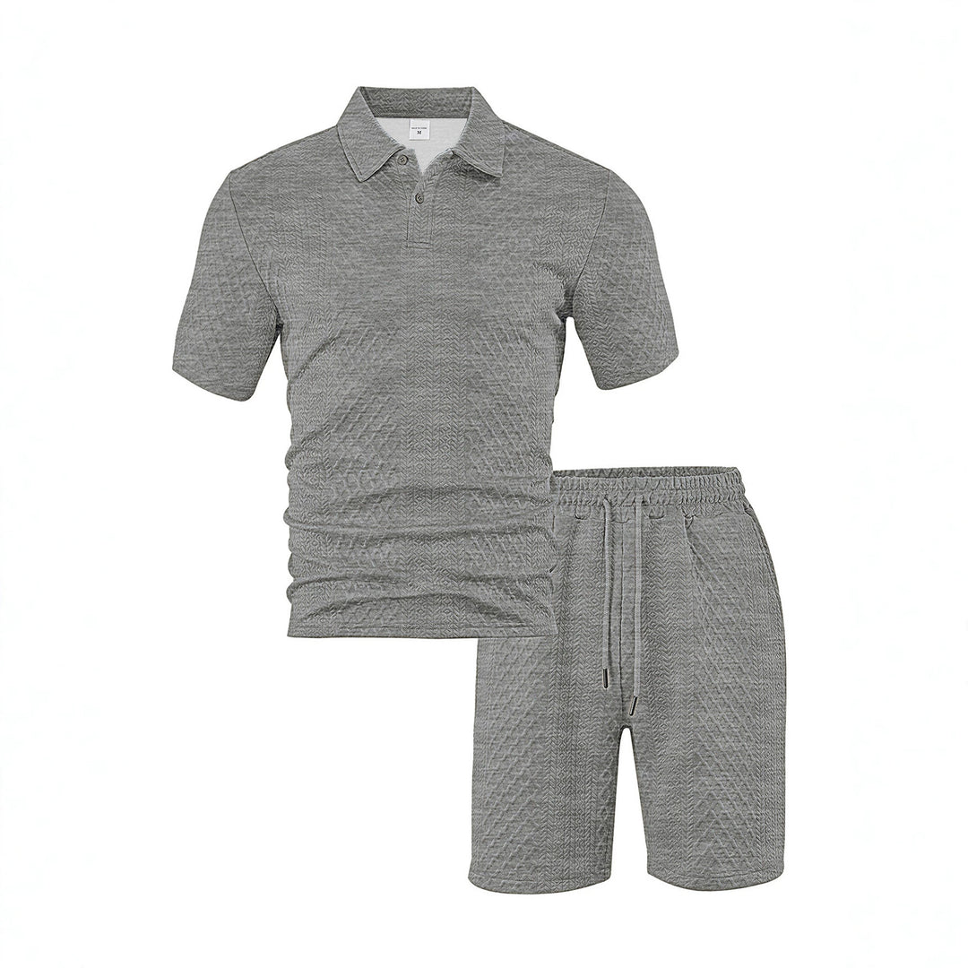 Herren nan eleganter Freizeit-Zweiteiler aus geprägtem Strick mit Polokragen Kurzarmshirt und Tunnelzug-Bermuda Echo Archiv