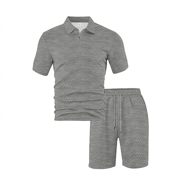Herren nan eleganter Freizeit-Zweiteiler aus geprägtem Strick mit Polokragen Kurzarmshirt und Tunnelzug-Bermuda Echo Archiv