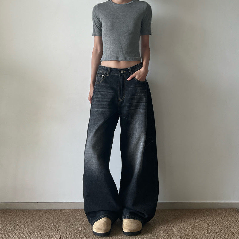 Damen Ultraweite Vintage-Denim Marlene-Jeans mit soften Used-Falten und bodenlangem Saum Echo Archiv