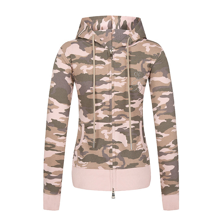Damen Kapuzen-Sweatjacke mit zweiseitigem Reißverschluss, Camouflage-Print und Strass‑Schmetterling Echoarchiv