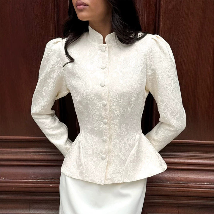 Damen taillierte Jacquard‑Bluse mit Stehkragen und dekorativer Knopfleiste Echoarchiv