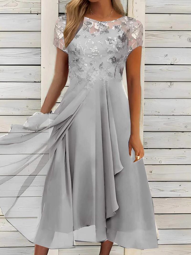 Damen nan elegantes Chiffon-Midikleid mit floraler Spitzenapplikation und fließendem Tellerrock Echoarchiv