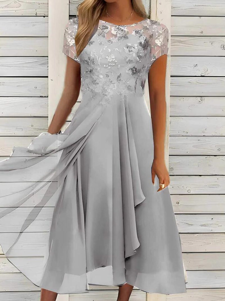 Damen nan elegantes Chiffon-Midikleid mit floraler Spitzenapplikation und fließendem Tellerrock Echoarchiv