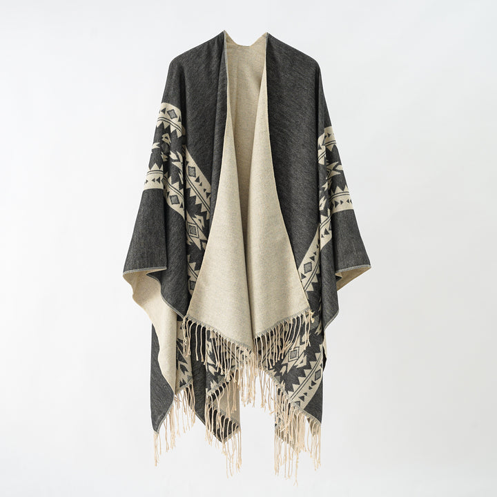 Damen Kaschmir‑Optik Überwurfponcho mit geometrischer Bordüren‑Jacquard und Fransen Echo Archiv