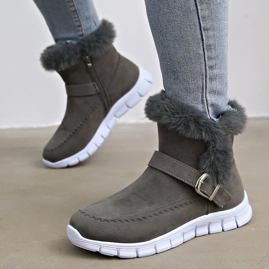 Damen Gefütterte Ankle-Boots aus Wildlederoptik mit Kunstfellkragen, seitlichem Reißverschluss und leichter Profilsohle – Varelle