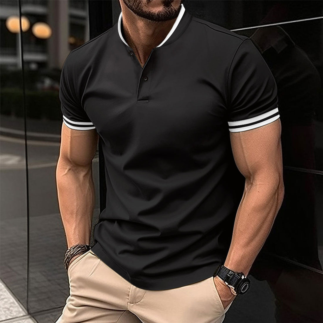 Herren Poloshirt mit modischem Henley-Kragen und sportlichen Akzenten – Cavello