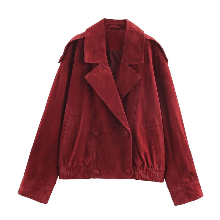 Damen nan oversized Wildlederoptik-Bomberjacke mit großem Schalkragen, Doppelreiher und elastischem Saum Echo Archiv