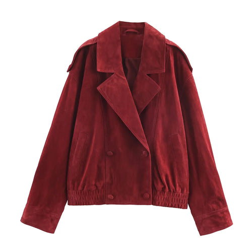 Damen nan oversized Wildlederoptik-Bomberjacke mit großem Schalkragen, Doppelreiher und elastischem Saum Echo Archiv