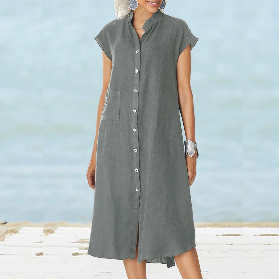 Damen lässiges Midi-Hemdkleid aus Leinen mit Knopfleiste und seitlichen Taschen Echo Archiv