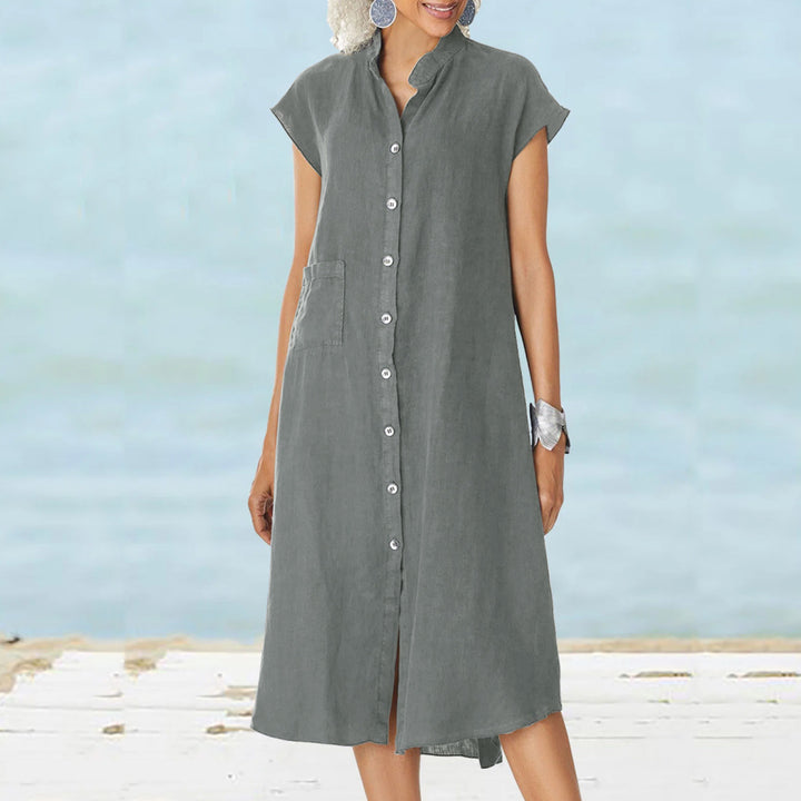 Damen lässiges Midi-Hemdkleid aus Leinen mit Knopfleiste und seitlichen Taschen Echo Archiv