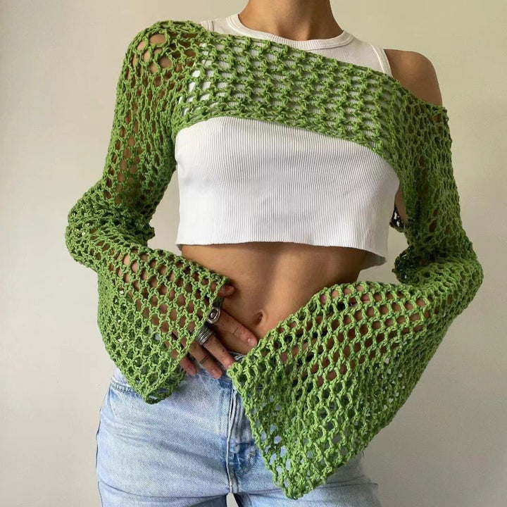 Damen gehäkelter kurzer Bolero mit asymmetrischem Schulterauschnitt und ausgestellten Ärmeln – Célinea