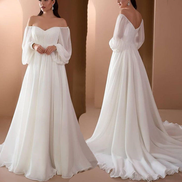 Romantisches Off-Shoulder Langarm Weißes Brautkleid für Hochzeit | Echoarchiv