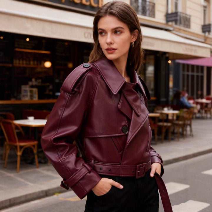 Damen nan cropped Kunstleder-Trench mit Schulterklappen, taillierendem Gürtel und verstellbaren Manschetten Echo Archiv