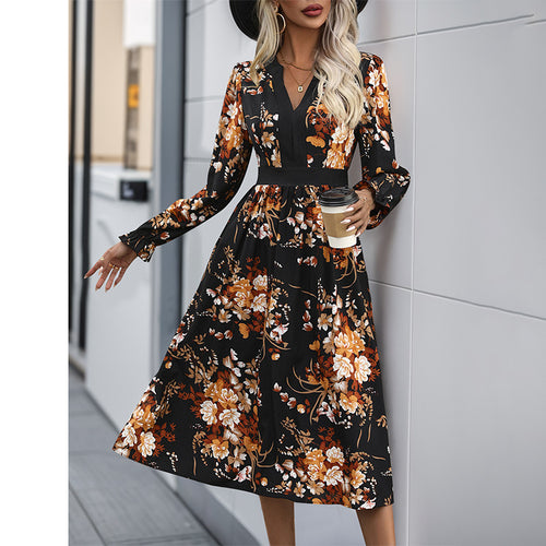 Damen Midikleid mit tailliertem Bund, V‑Ausschnitt, langen Ärmeln und floralem Allover‑Print Echoarchiv