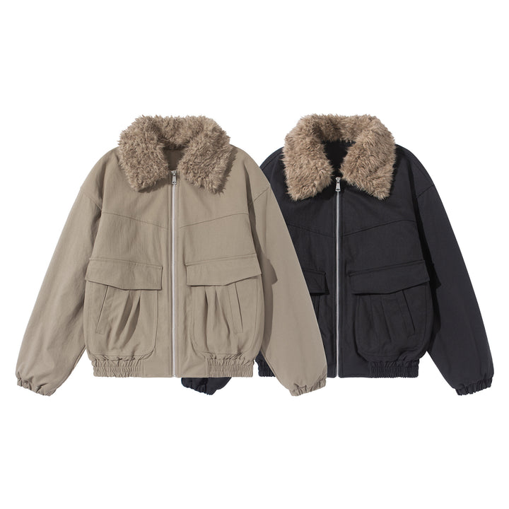 Damen Kurzblouson mit voluminösem Faux‑Fur‑Kragen, Känguru‑Taschen und elastischem Saum Echoarchiv