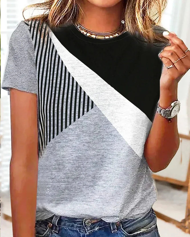 Damen Farbblock Langarmshirt mit schrägem Streifenmuster und Rundhalsausschnitt Echoarchiv