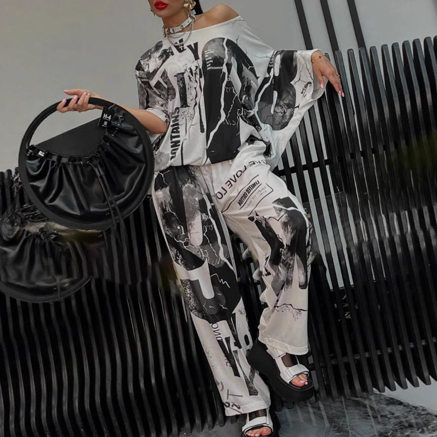 Damen nan zweiteiliges weites Satin-Freizeit-Set mit schulterfreiem Fledermaus-Top und Palazzohose Echo Archiv