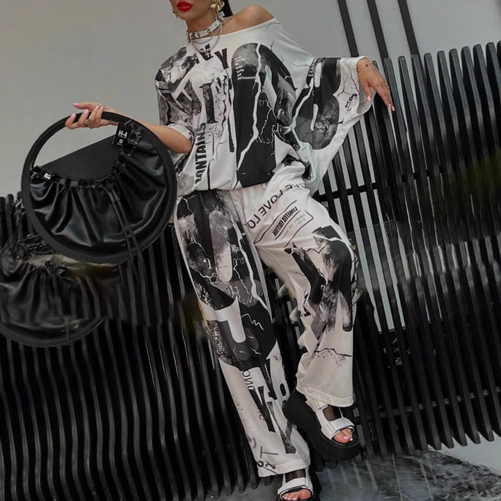Damen nan zweiteiliges weites Satin-Freizeit-Set mit schulterfreiem Fledermaus-Top und Palazzohose Echo Archiv